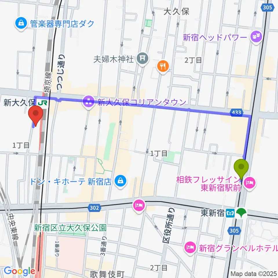 東新宿駅からクロサワ楽器 日本総本店へのルートマップ地図