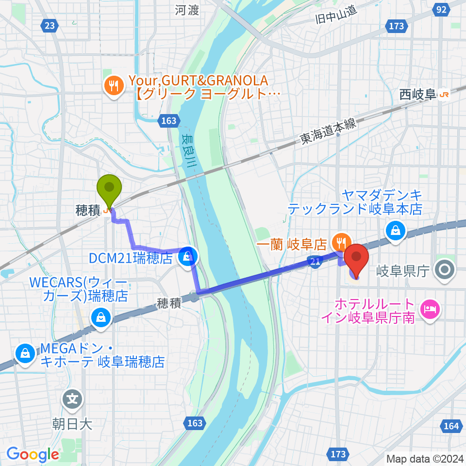 穂積駅からサラマンカホールへのルートマップ地図