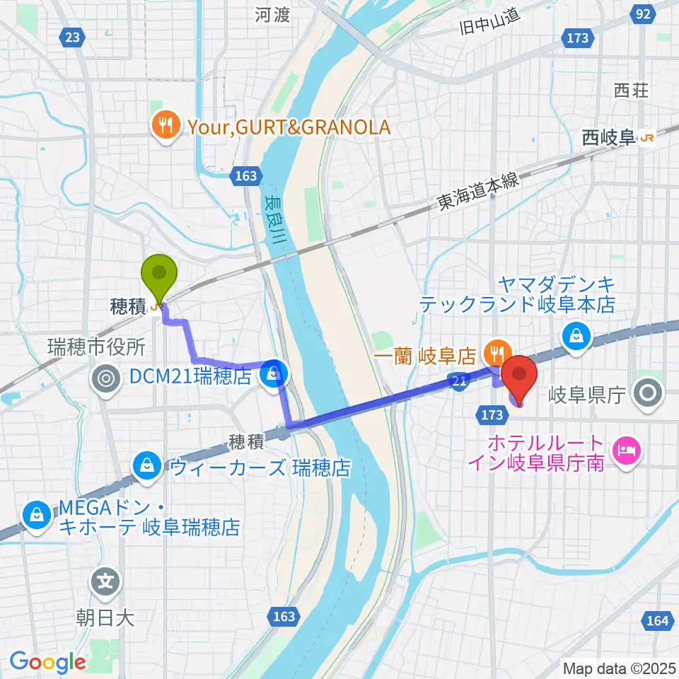 穂積駅からサラマンカホールへのルートマップ地図