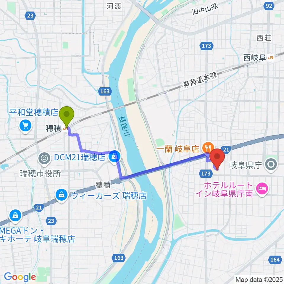 穂積駅からサラマンカホールへのルートマップ地図