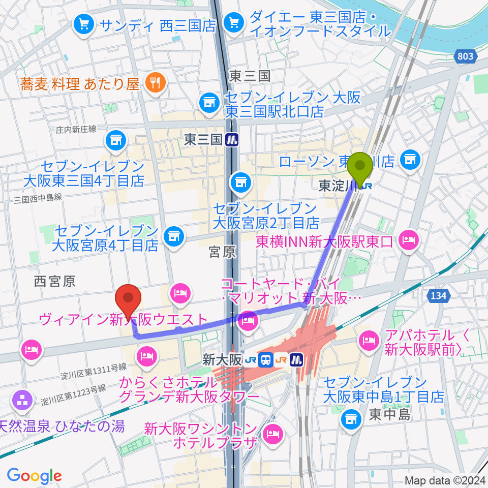 東淀川駅からムラマツ リサイタルホール 新大阪へのルートマップ地図