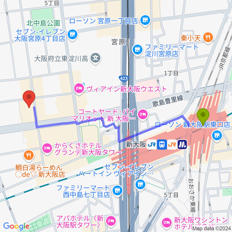 ムラマツ リサイタルホール 新大阪の最寄駅新大阪駅からの徒歩ルート（約12分）地図