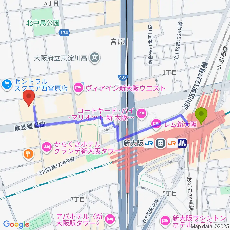 ムラマツ リサイタルホール 新大阪の最寄駅新大阪駅からの徒歩ルート（約12分）地図