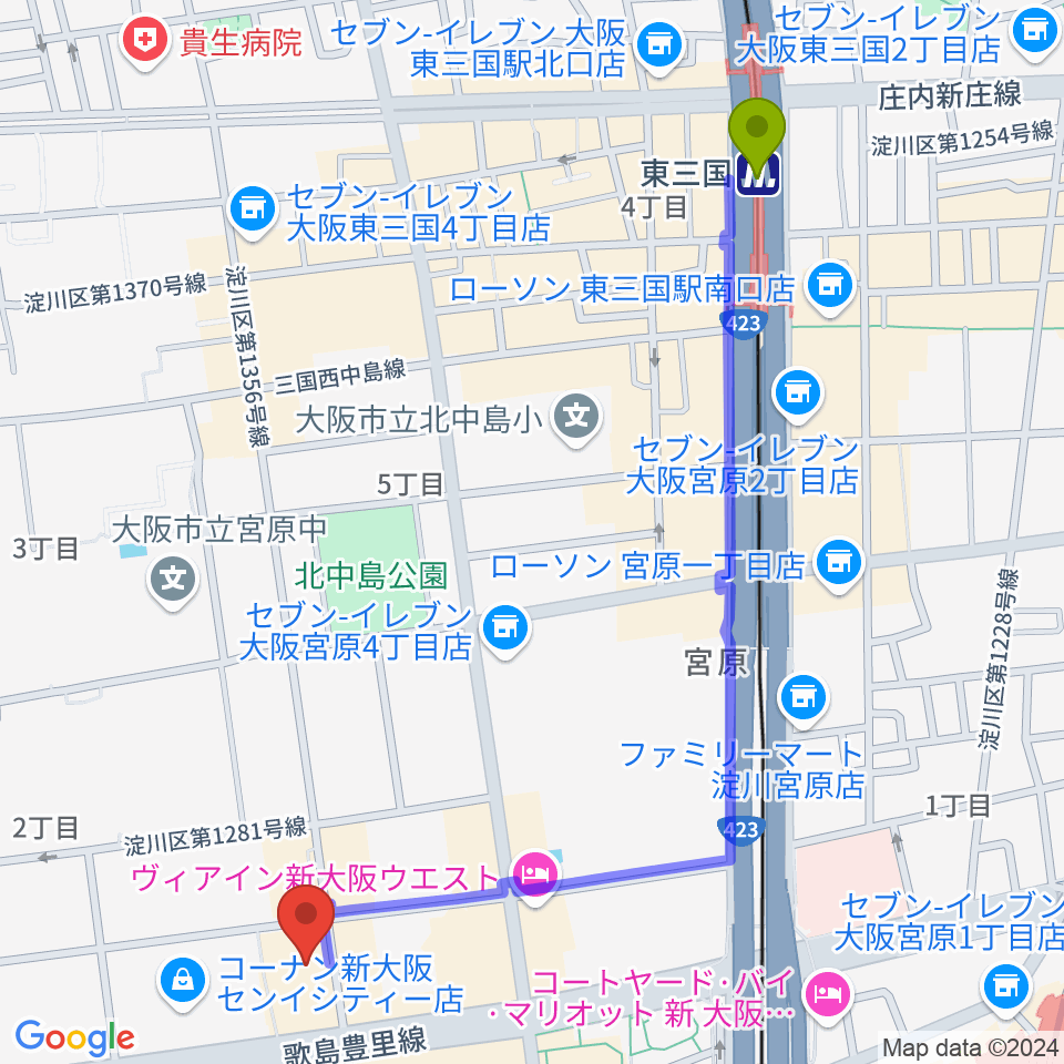 東三国駅からムラマツ リサイタルホール 新大阪へのルートマップ地図