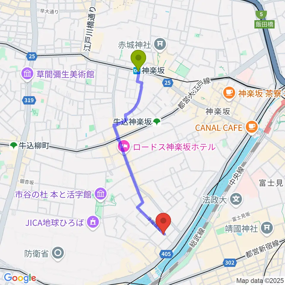 神楽坂駅からルーテル市ヶ谷ホールへのルートマップ地図