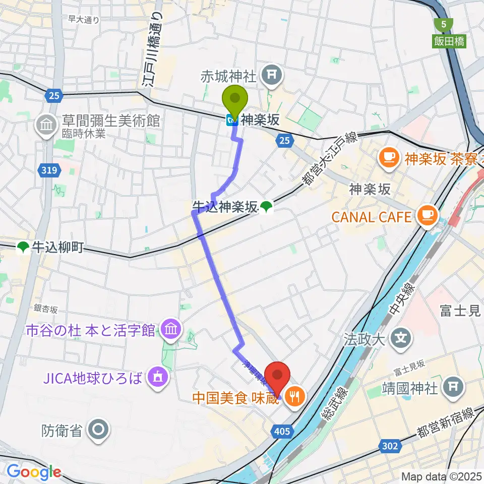 神楽坂駅からルーテル市ヶ谷ホールへのルートマップ地図