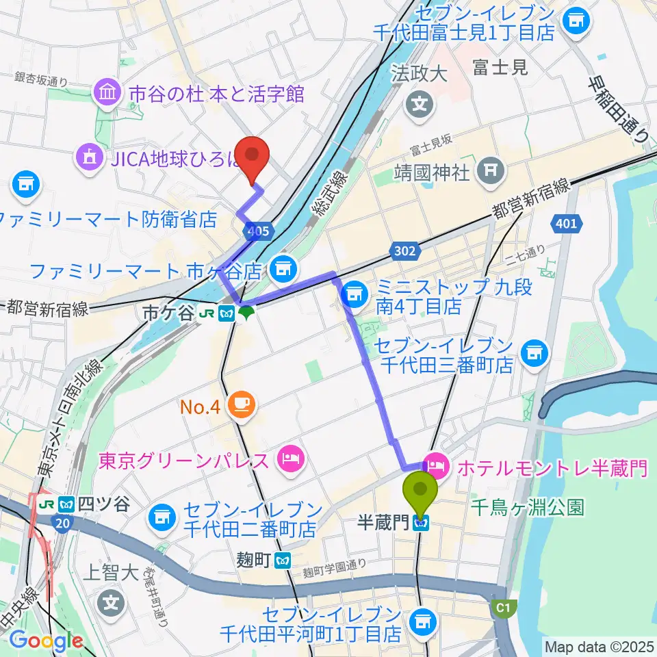 半蔵門駅からルーテル市ヶ谷ホールへのルートマップ地図