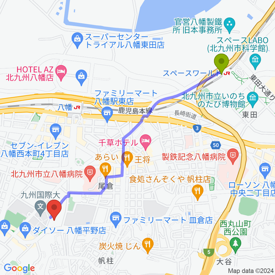 スペースワールド駅から北九州市立響ホールへのルートマップ地図
