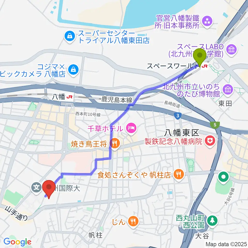 スペースワールド駅から北九州市立響ホールへのルートマップ地図