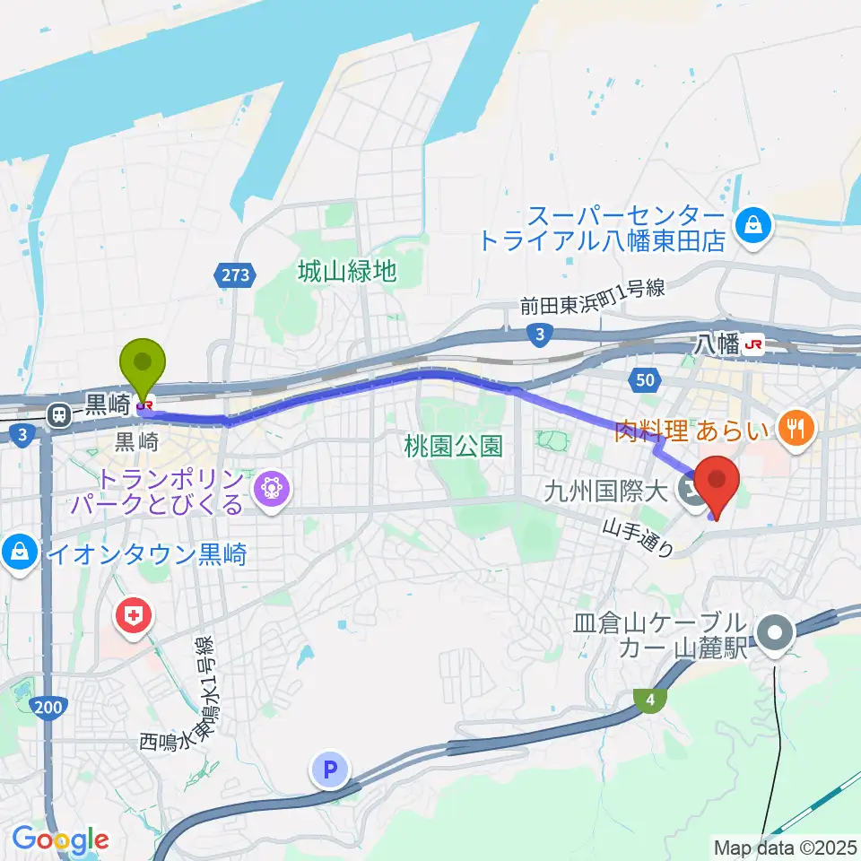 黒崎駅から北九州市立響ホールへのルートマップ地図