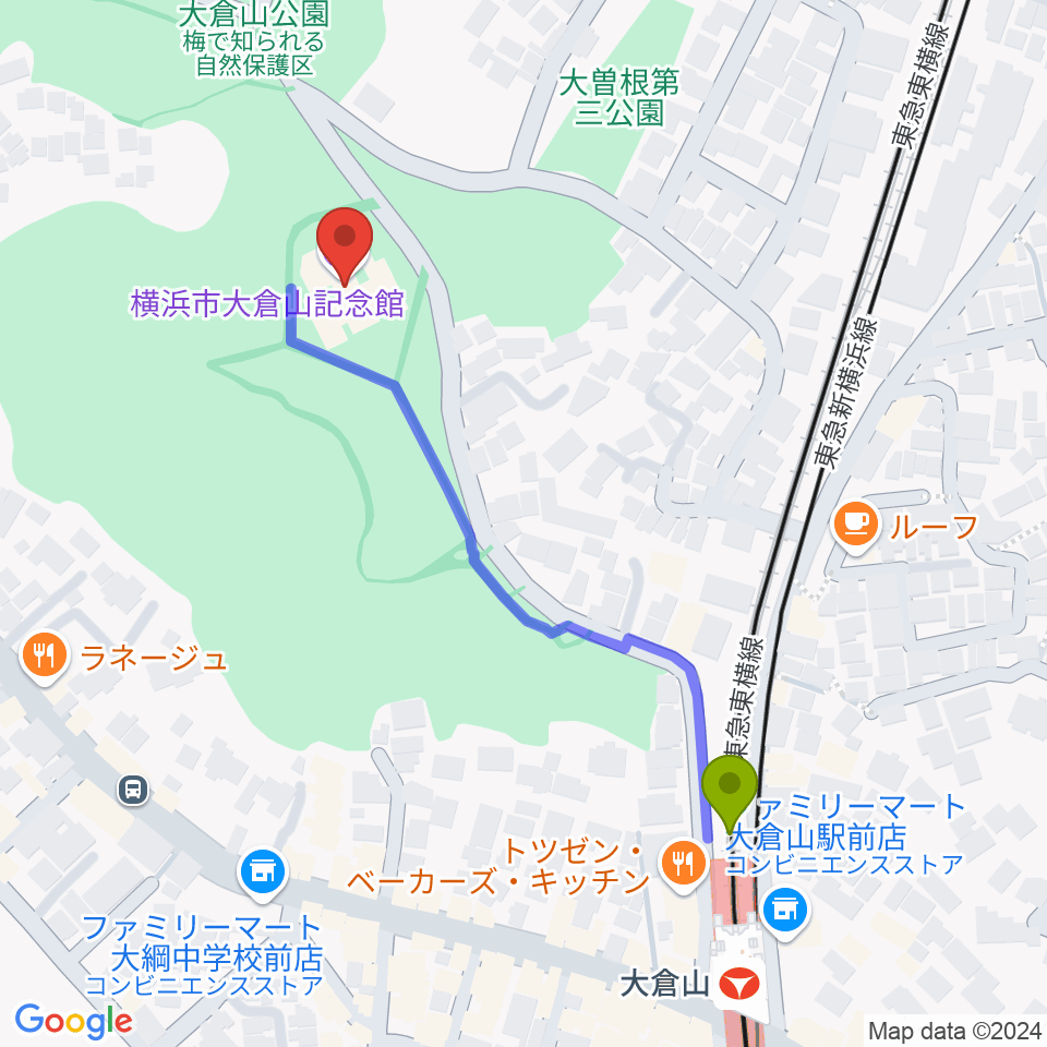 横浜市大倉山記念館の最寄駅大倉山駅からの徒歩ルート（約5分）地図