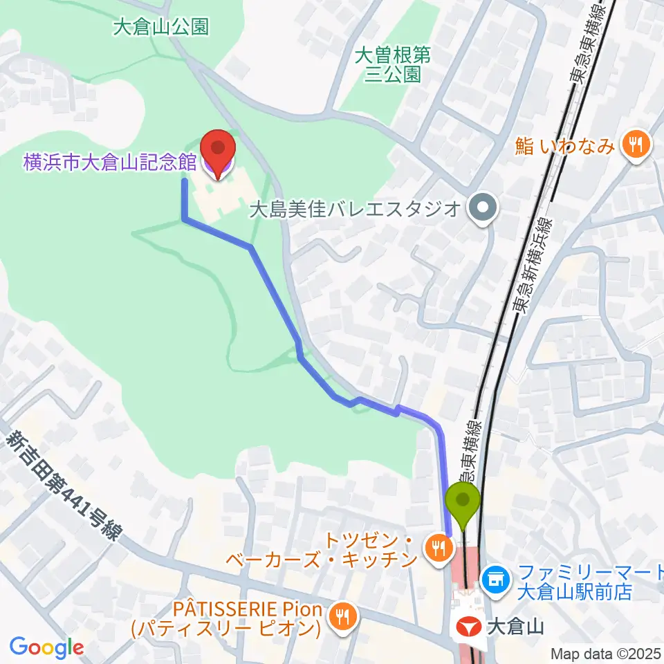 横浜市大倉山記念館の最寄駅大倉山駅からの徒歩ルート（約5分）地図