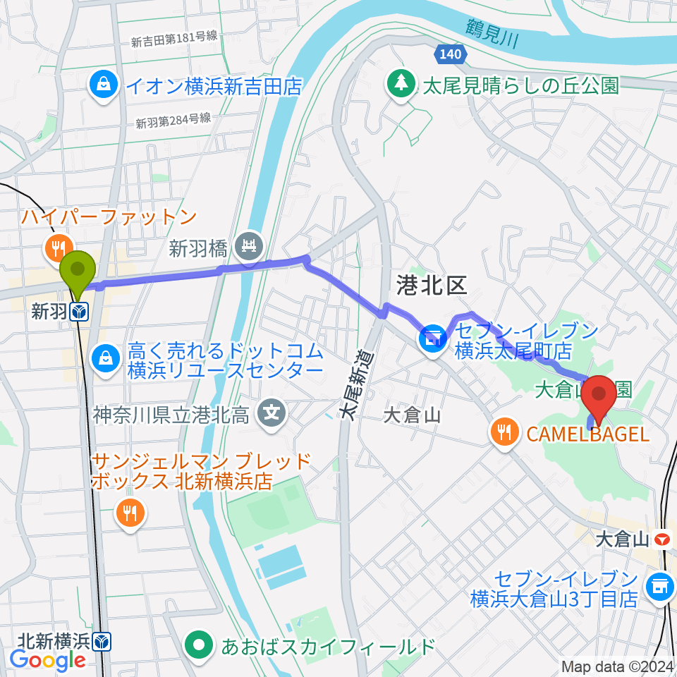 新羽駅から横浜市大倉山記念館へのルートマップ地図