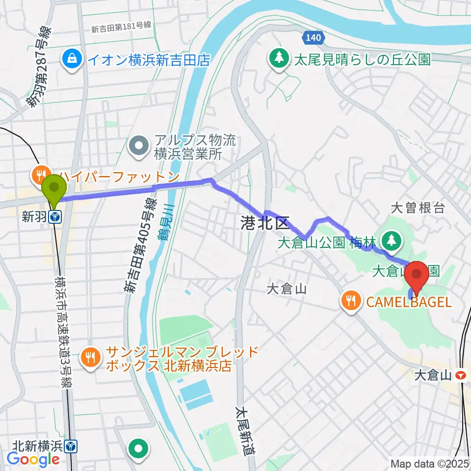 新羽駅から横浜市大倉山記念館へのルートマップ地図