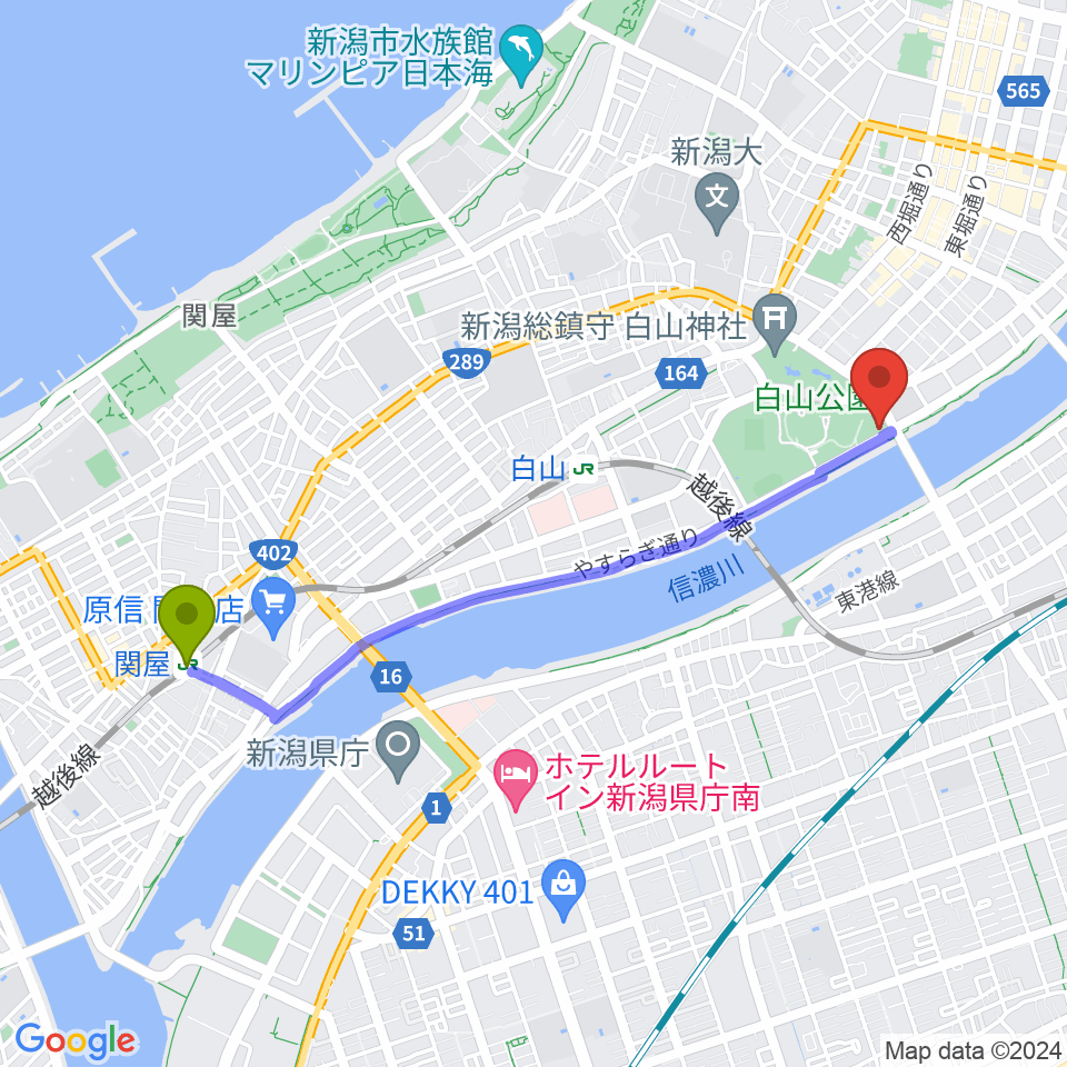 関屋駅から新潟市音楽文化会館へのルートマップ地図
