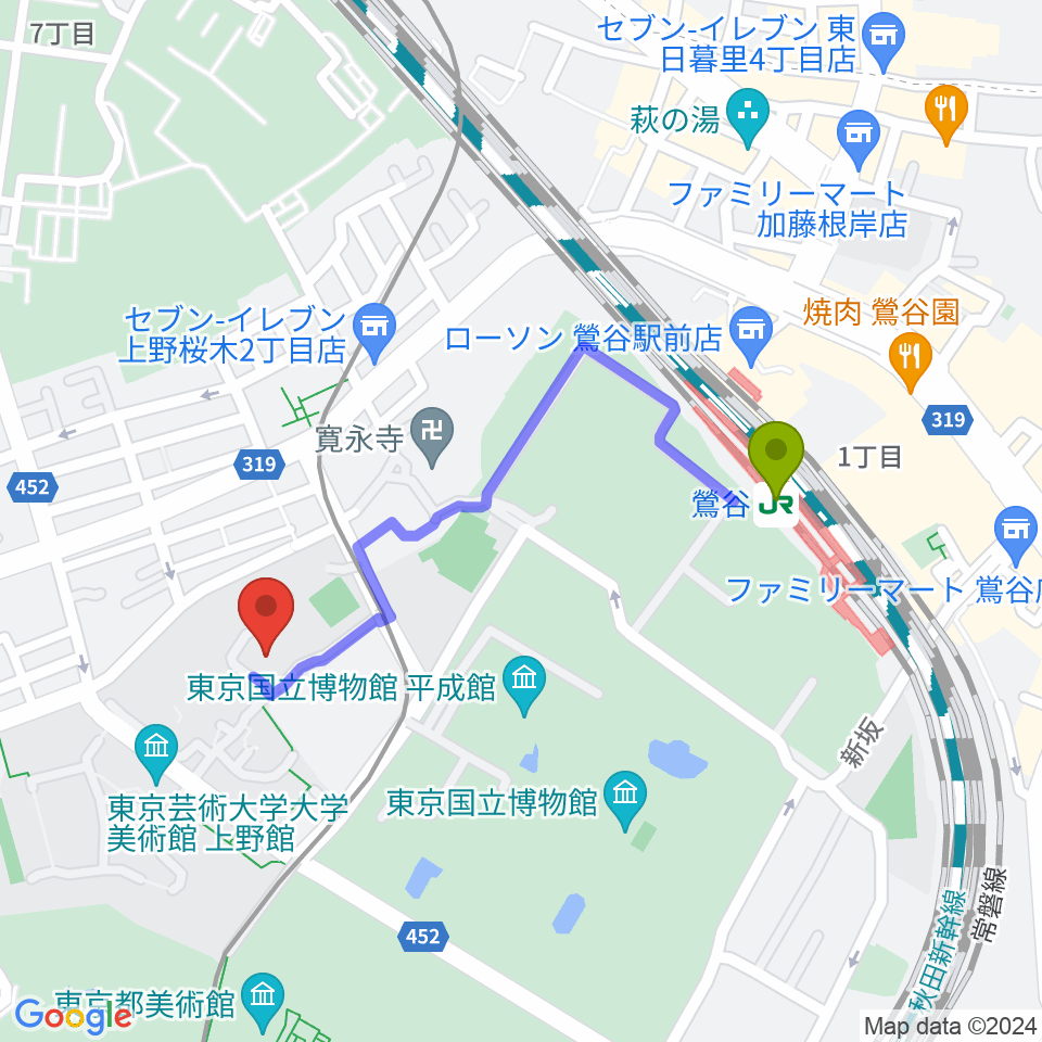 東京藝術大学奏楽堂の最寄駅鶯谷駅からの徒歩ルート（約8分）地図
