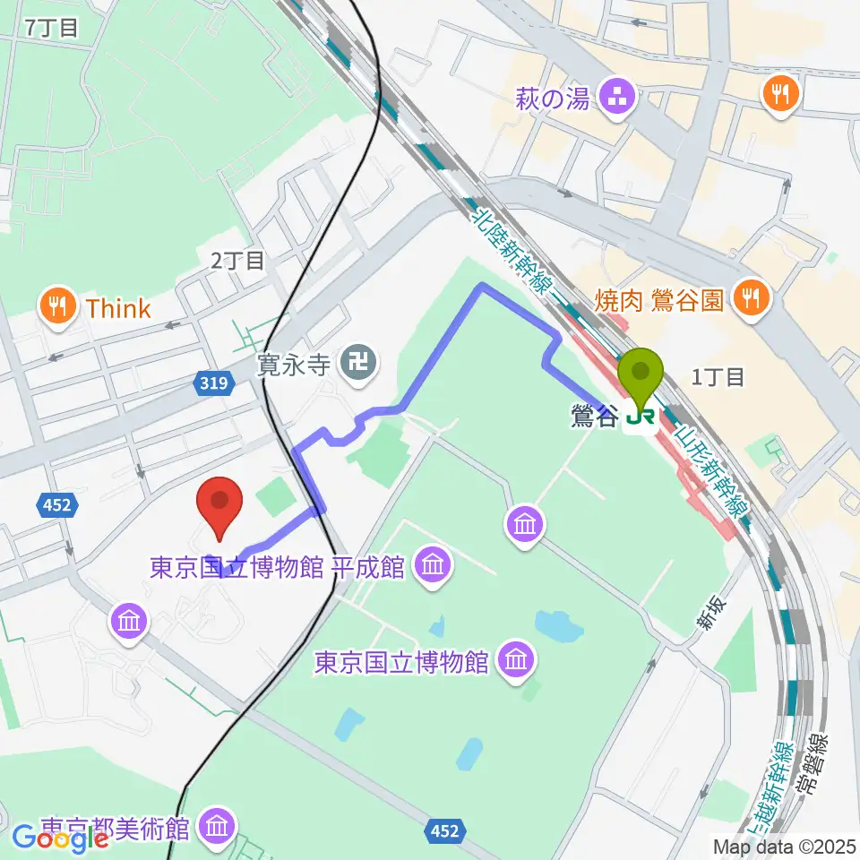 東京藝術大学奏楽堂の最寄駅鶯谷駅からの徒歩ルート（約8分）地図