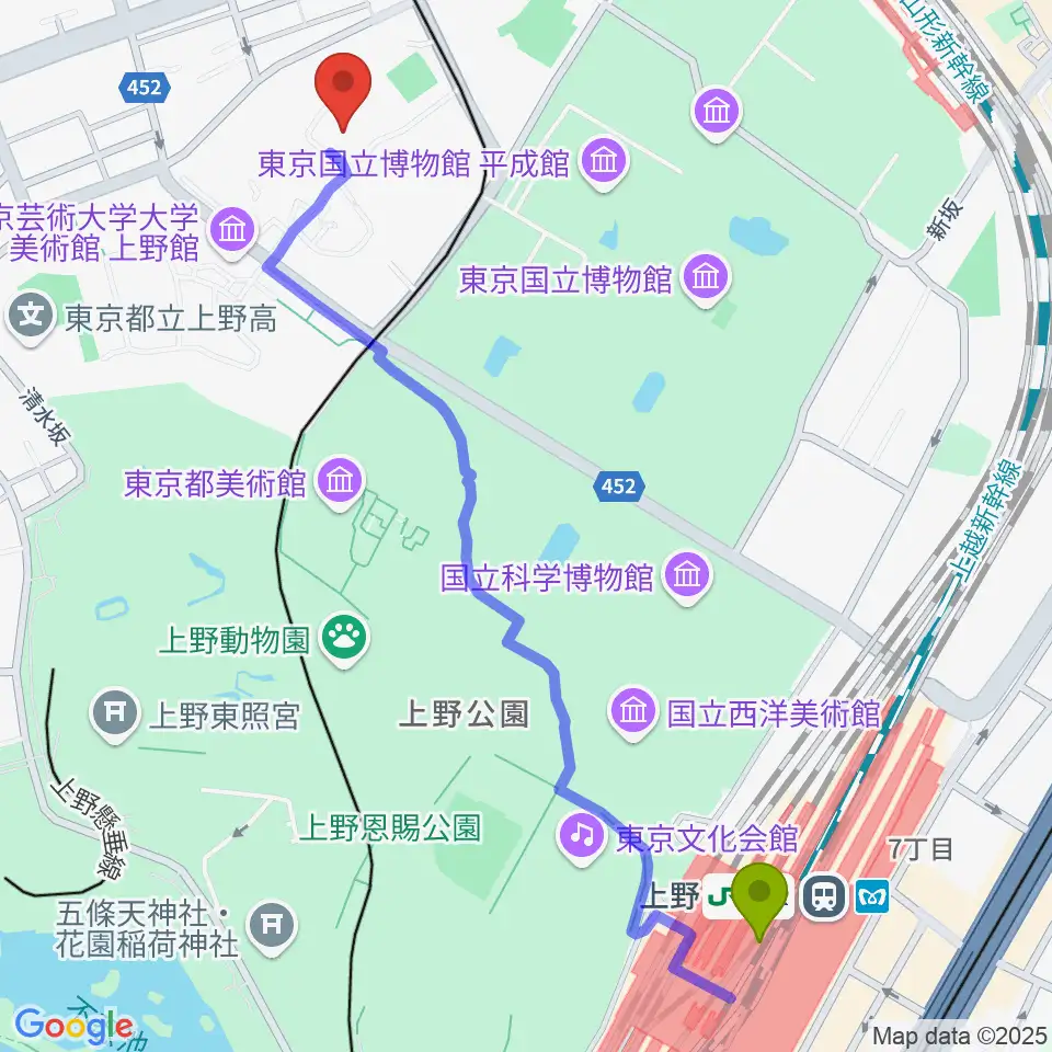 上野駅から東京藝術大学奏楽堂へのルートマップ地図