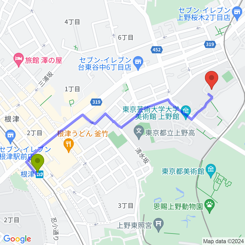 根津駅から東京藝術大学奏楽堂へのルートマップ地図