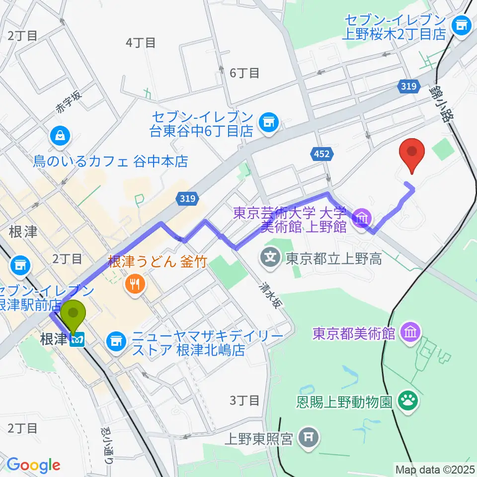 根津駅から東京藝術大学奏楽堂へのルートマップ地図