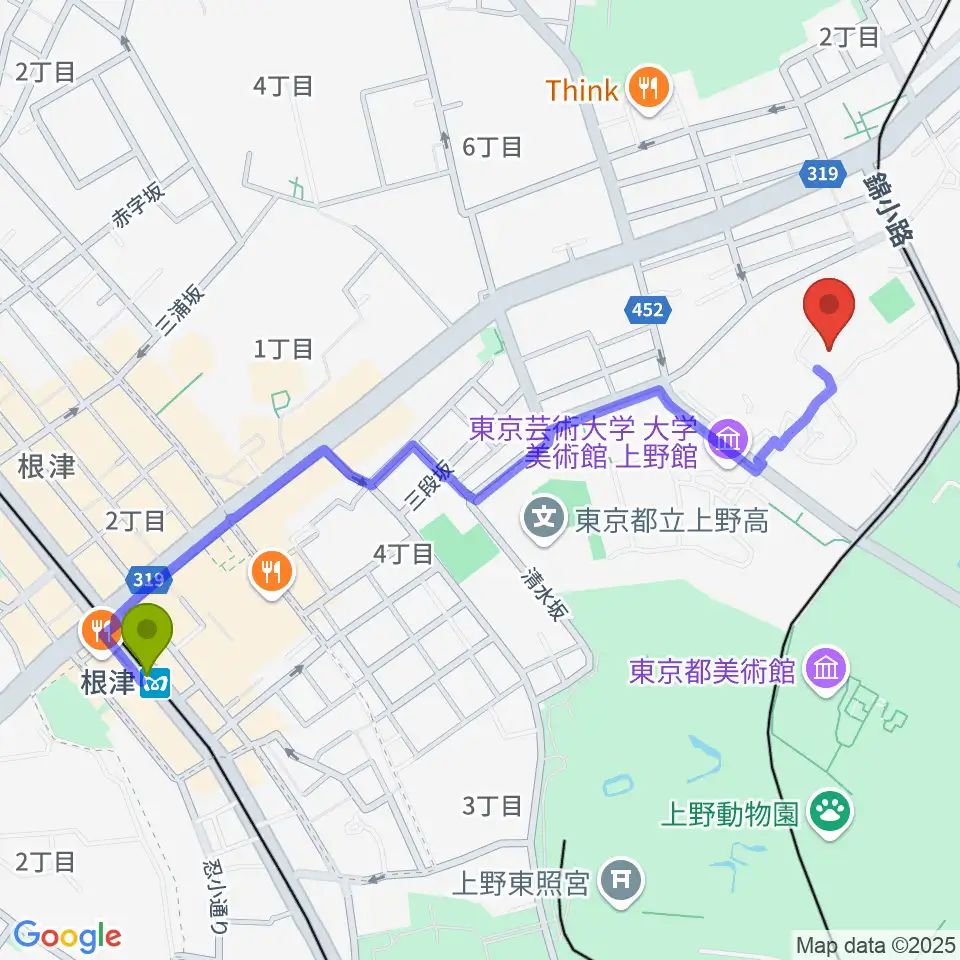 根津駅から東京藝術大学奏楽堂へのルートマップ地図