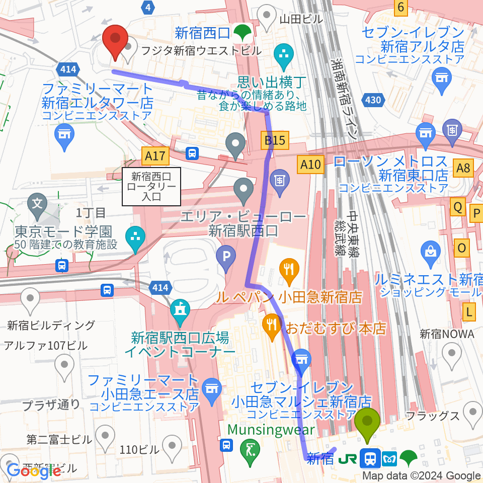 新宿駅から日本ダブルリード株式会社へのルートマップ地図