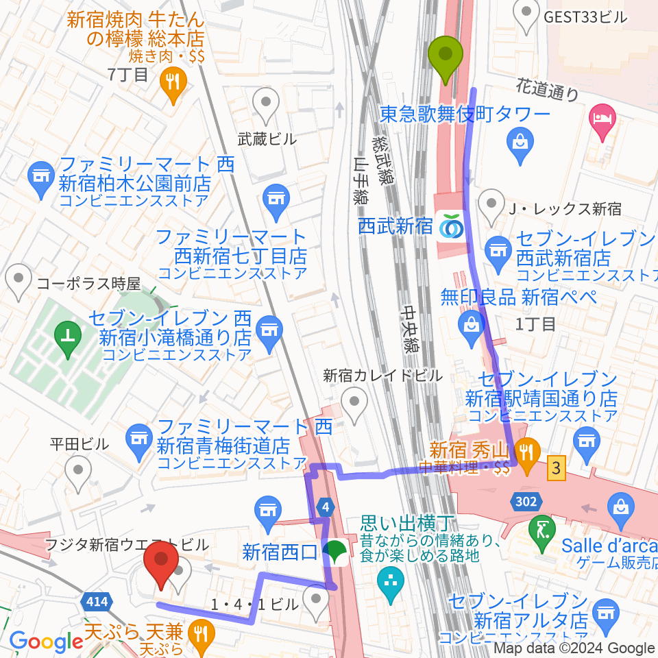 西武新宿駅から日本ダブルリード株式会社へのルートマップ地図