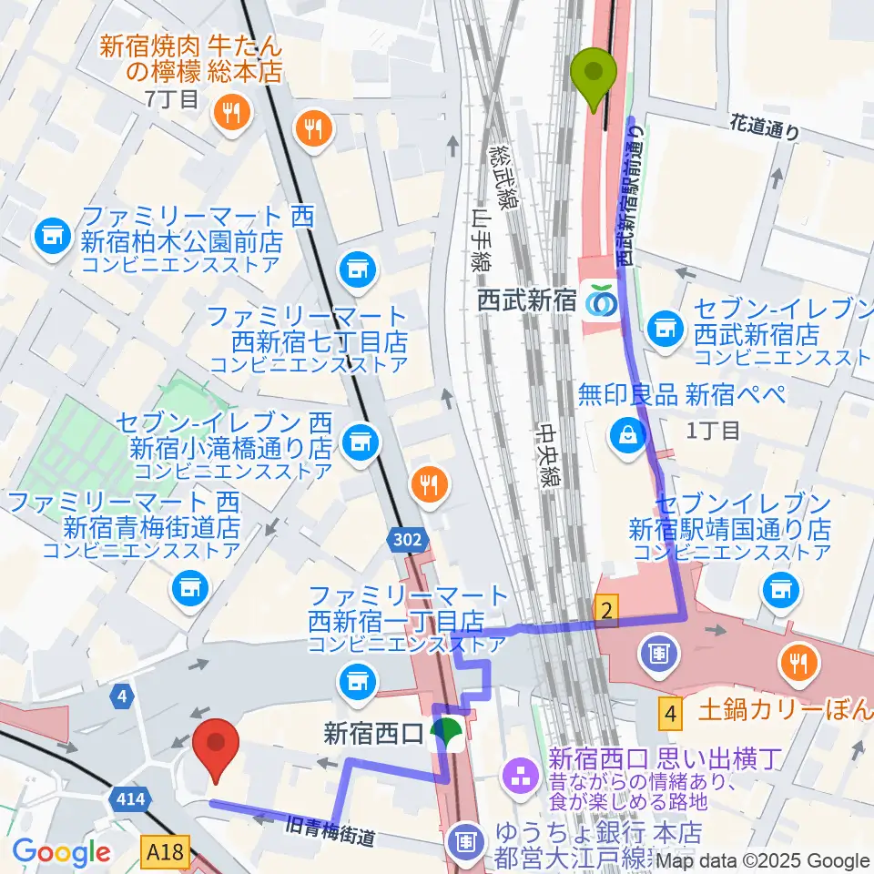 西武新宿駅から日本ダブルリード株式会社へのルートマップ地図