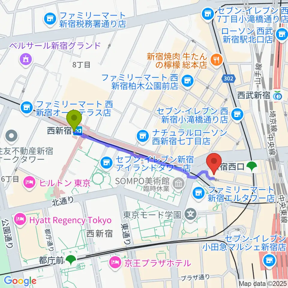 西新宿駅から日本ダブルリード株式会社へのルートマップ地図