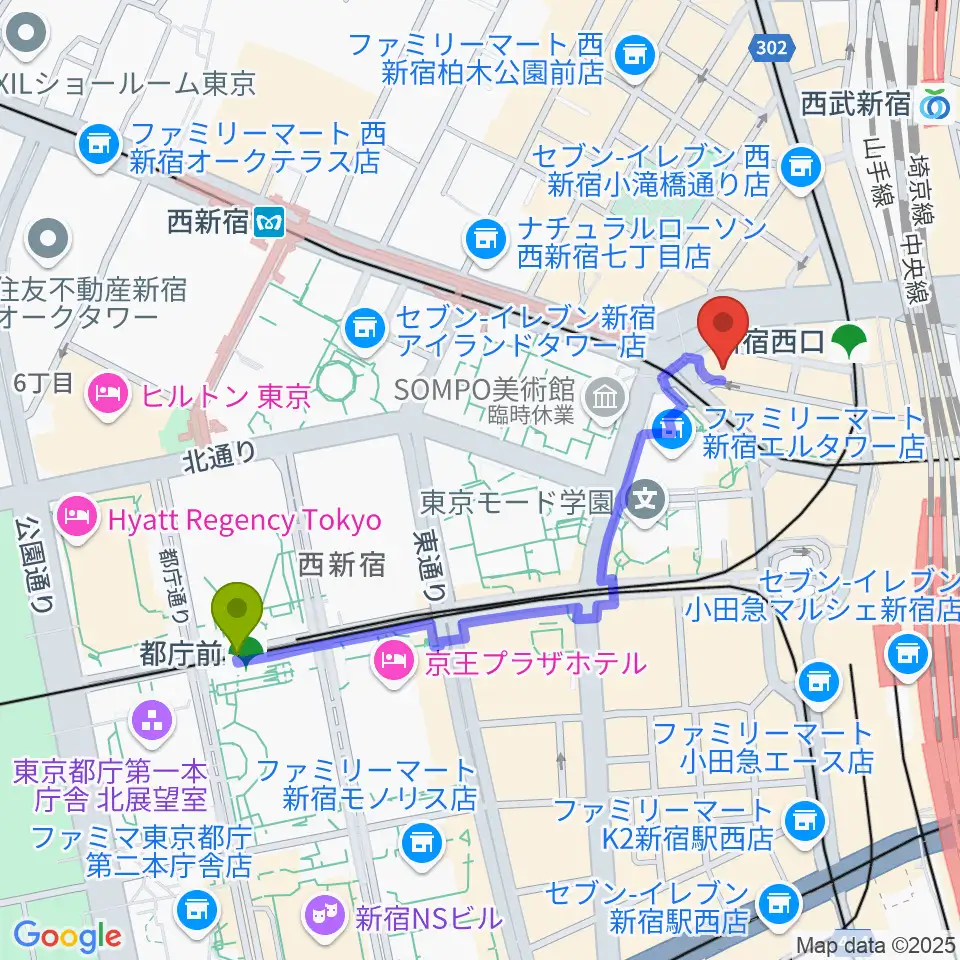 都庁前駅から日本ダブルリード株式会社へのルートマップ地図
