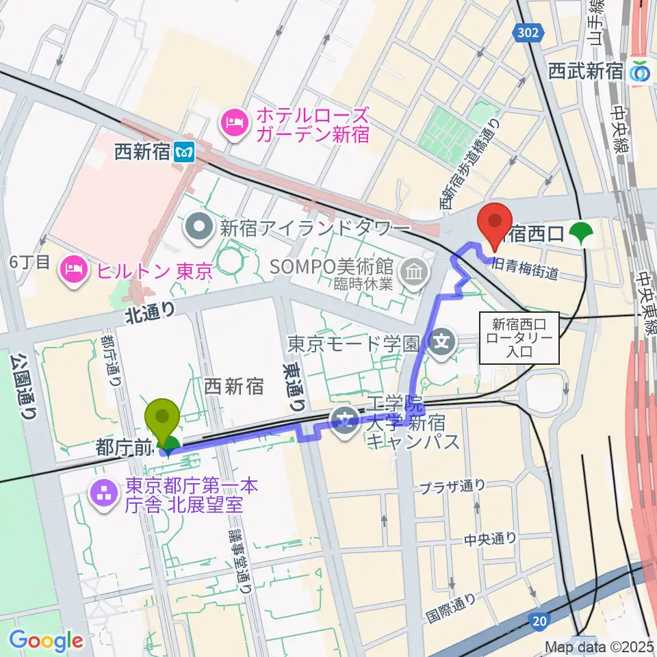 都庁前駅から日本ダブルリード株式会社へのルートマップ地図