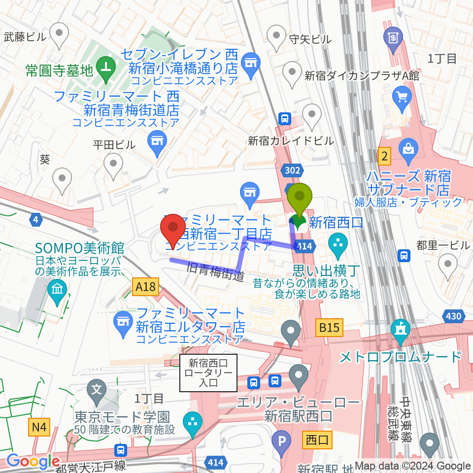 日本ダブルリード株式会社の最寄駅新宿西口駅からの徒歩ルート（約2分）地図