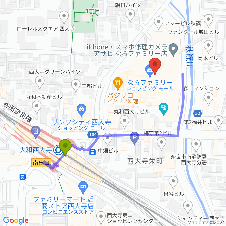 秋篠音楽堂の最寄駅大和西大寺駅からの徒歩ルート（約4分）地図