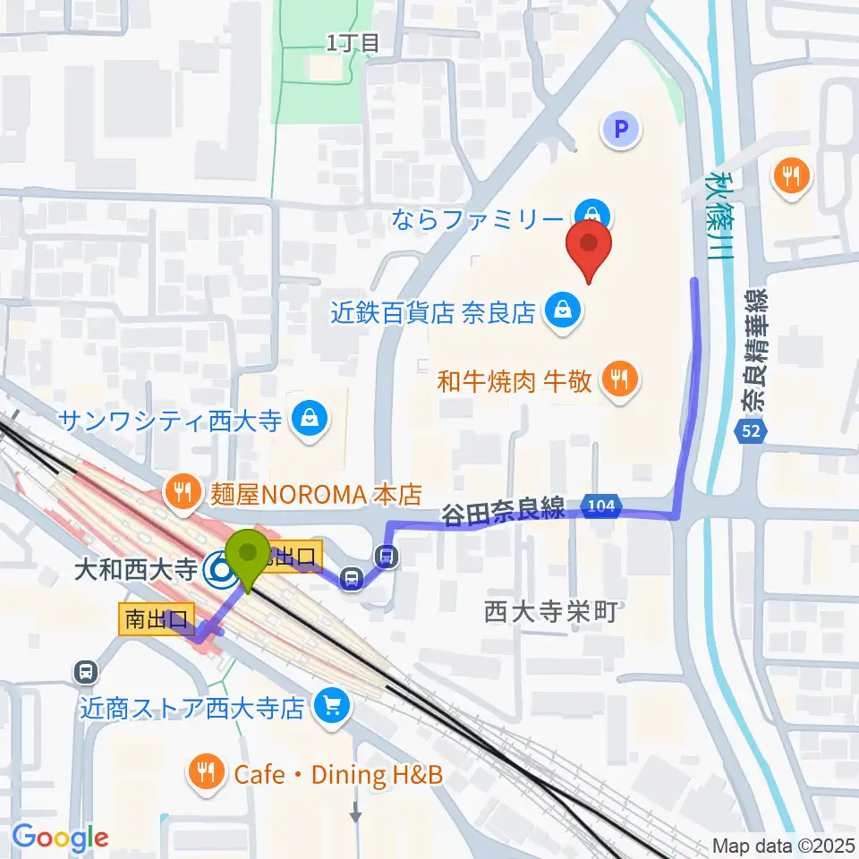 秋篠音楽堂の最寄駅大和西大寺駅からの徒歩ルート（約4分）地図