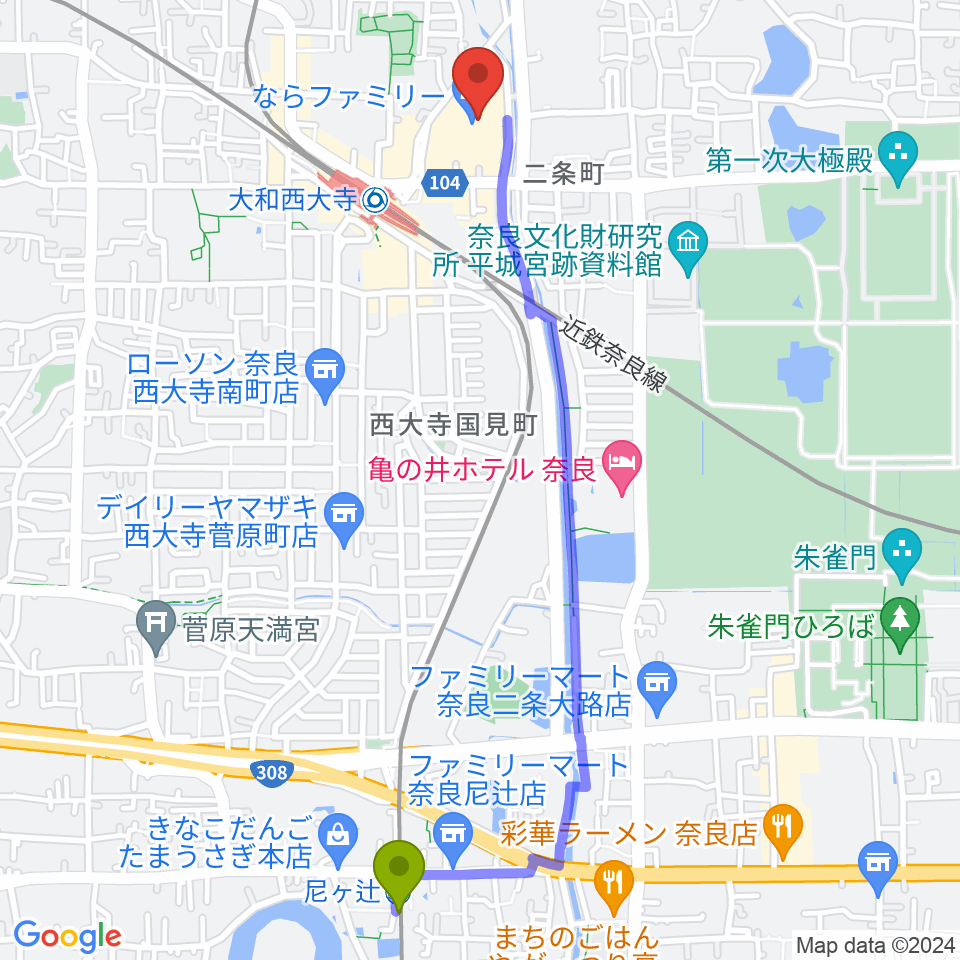 尼ヶ辻駅から秋篠音楽堂へのルートマップ地図