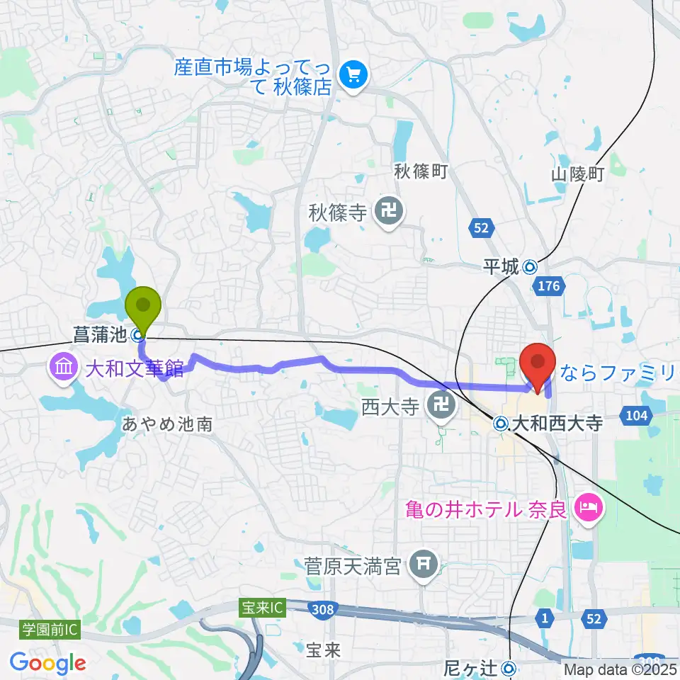 菖蒲池駅から秋篠音楽堂へのルートマップ地図