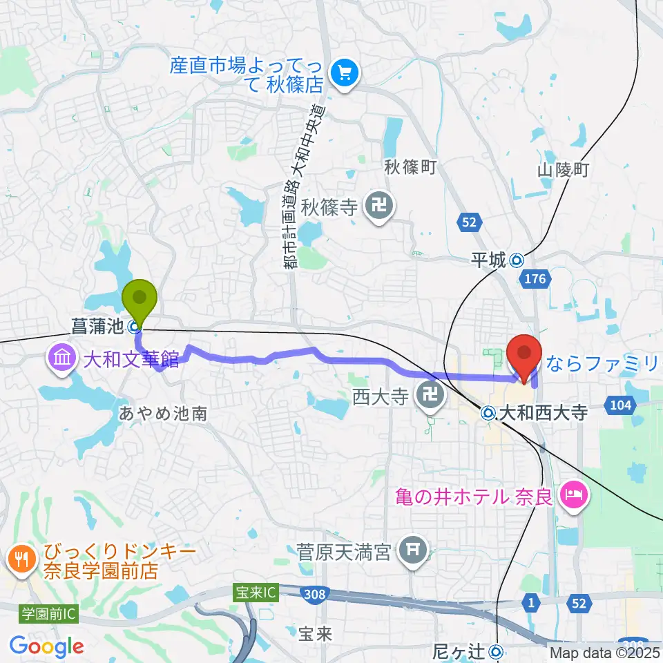 菖蒲池駅から秋篠音楽堂へのルートマップ地図