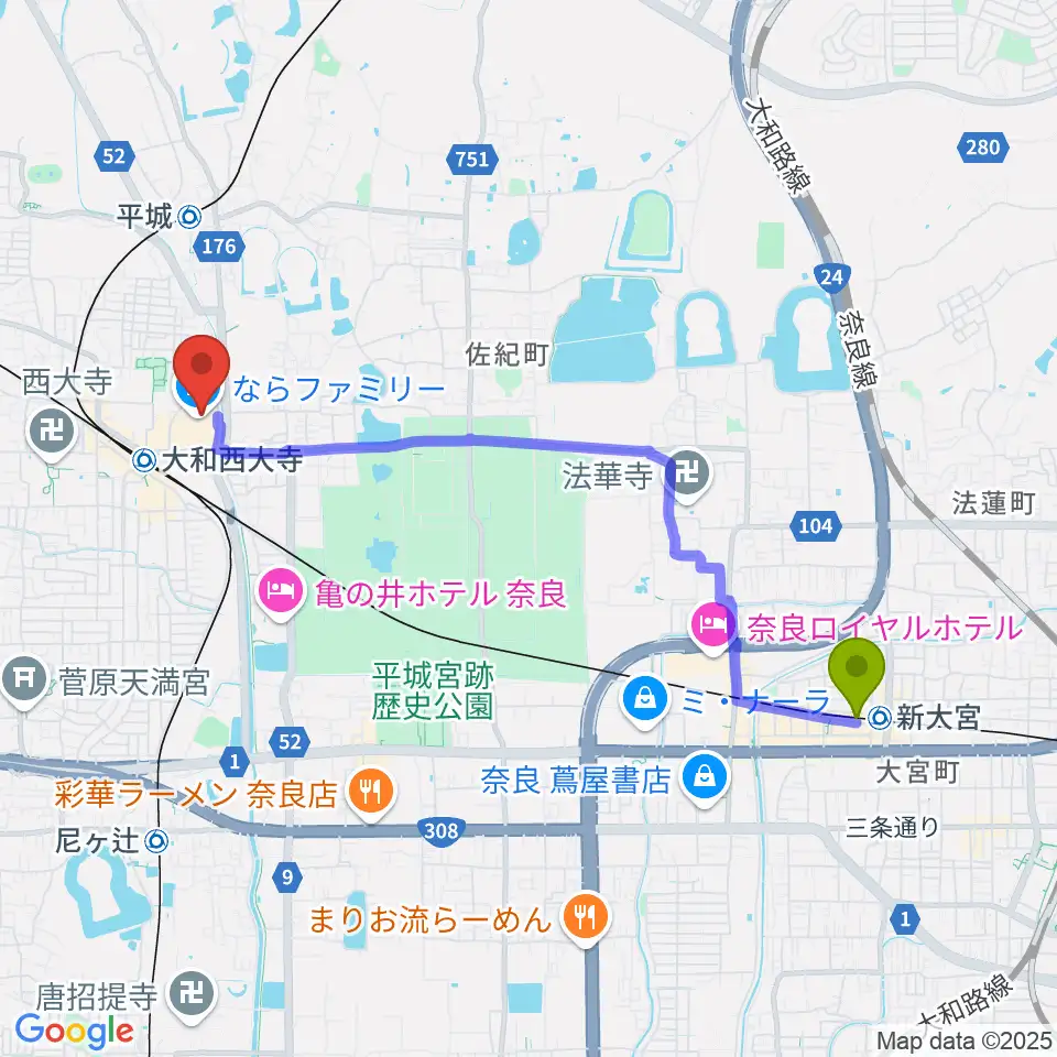 新大宮駅から秋篠音楽堂へのルートマップ地図