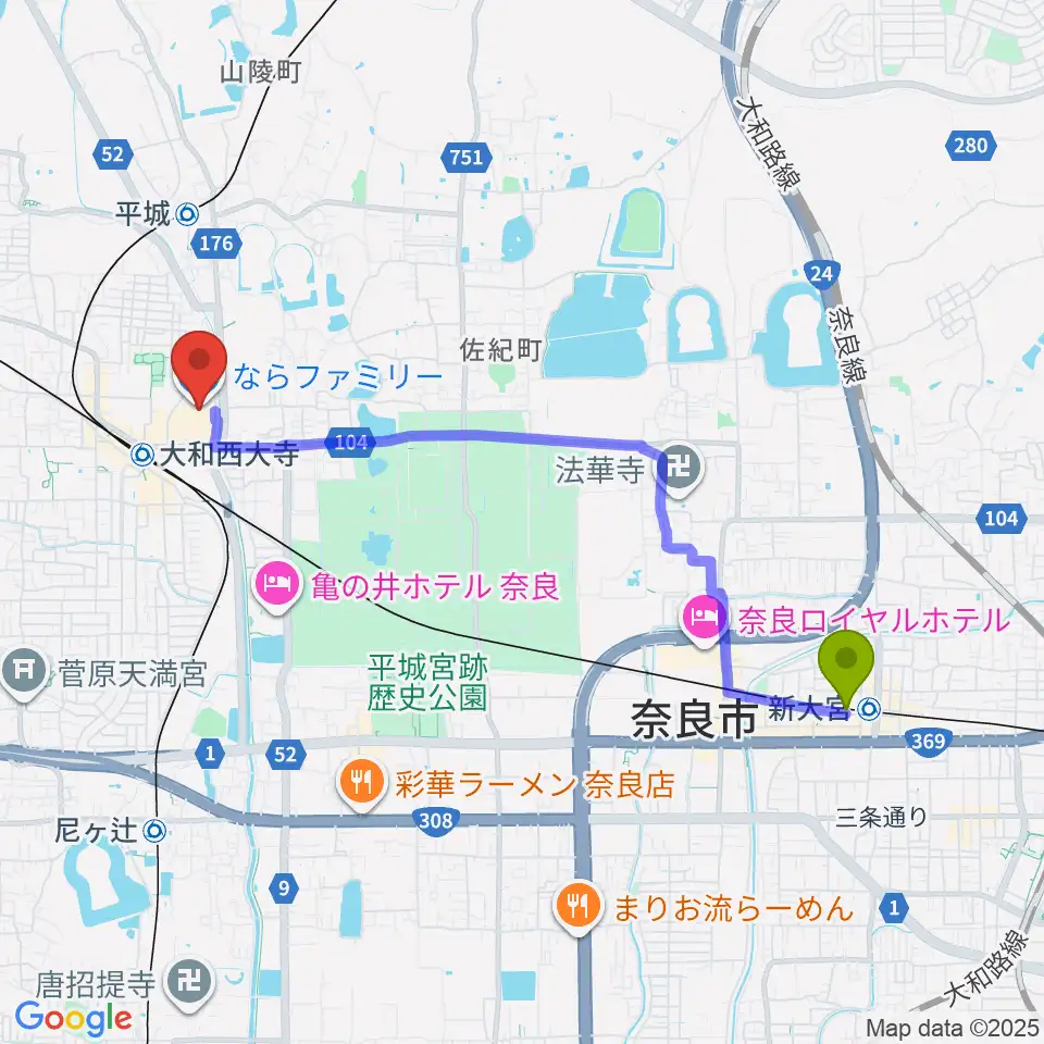 新大宮駅から秋篠音楽堂へのルートマップ地図