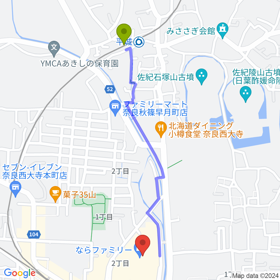 平城駅から秋篠音楽堂へのルートマップ地図