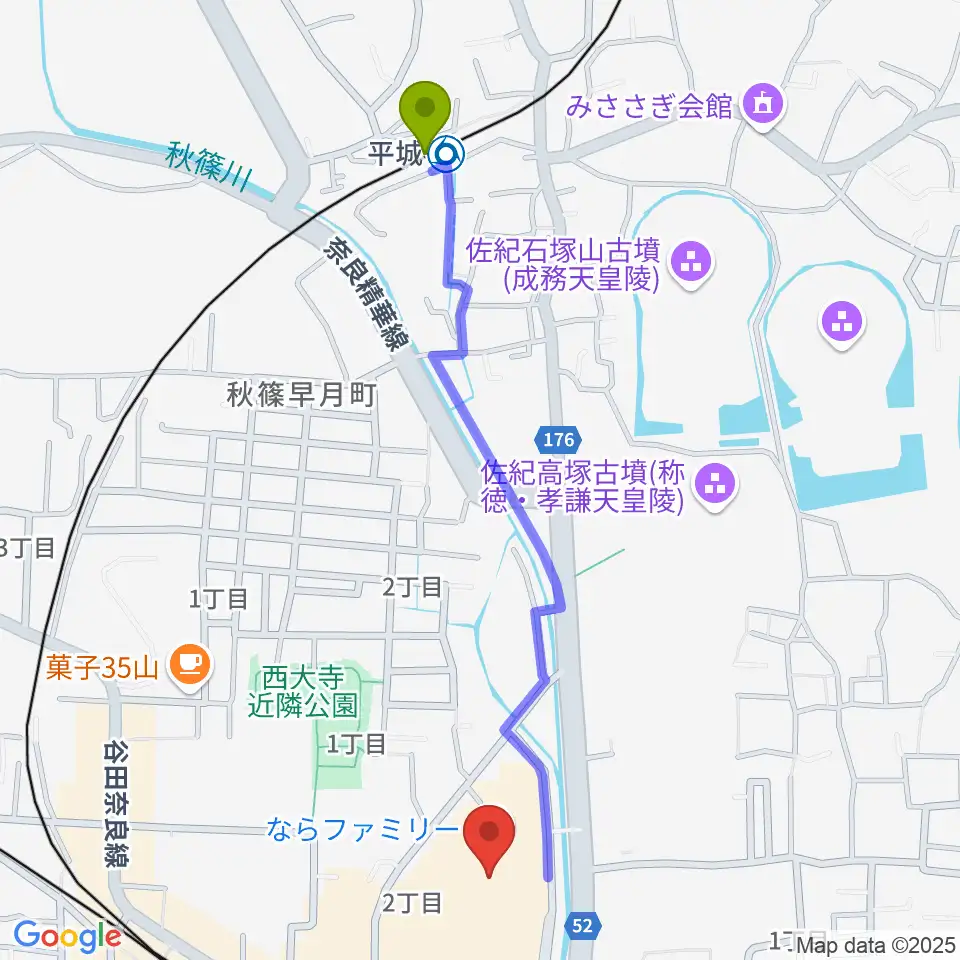 平城駅から秋篠音楽堂へのルートマップ地図