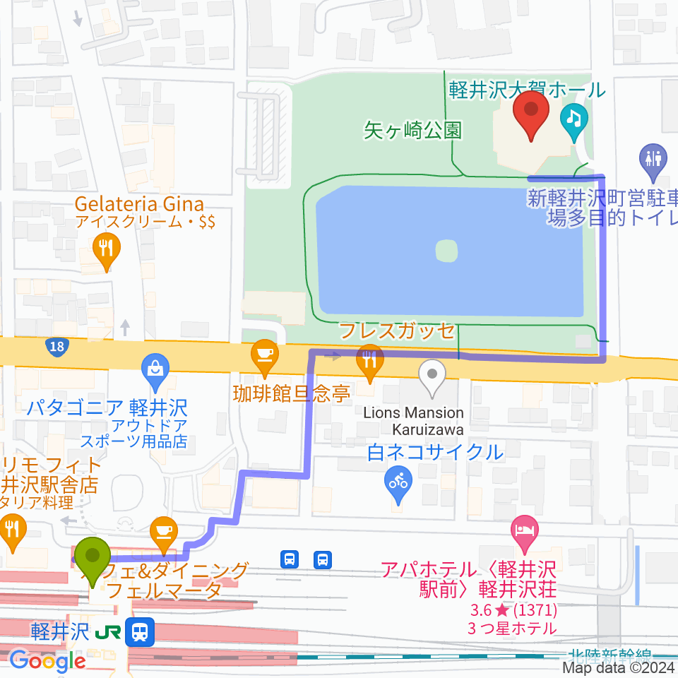 軽井沢大賀ホールの最寄駅軽井沢駅からの徒歩ルート（約7分）地図