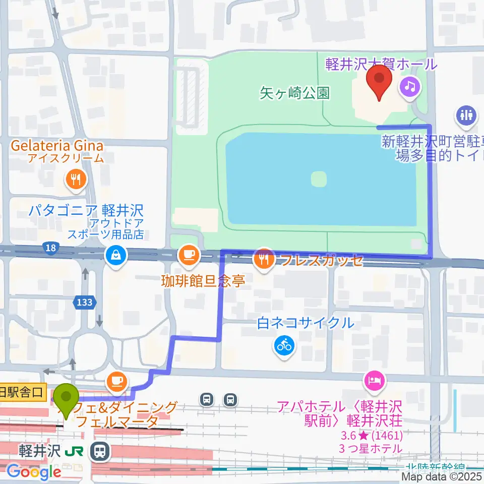 軽井沢大賀ホールの最寄駅軽井沢駅からの徒歩ルート（約7分）地図