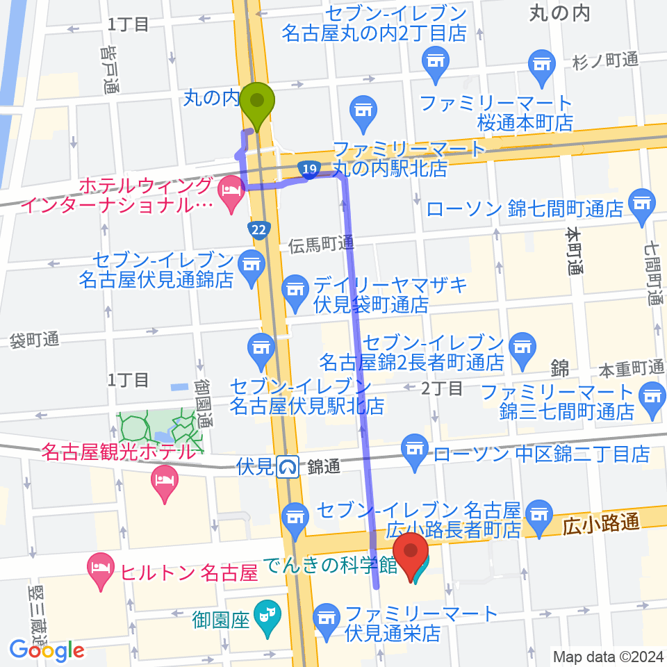 丸の内駅から電気文化会館 ザ・コンサートホールへのルートマップ地図
