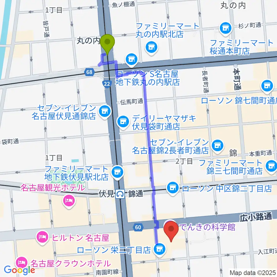 丸の内駅から電気文化会館 ザ・コンサートホールへのルートマップ地図