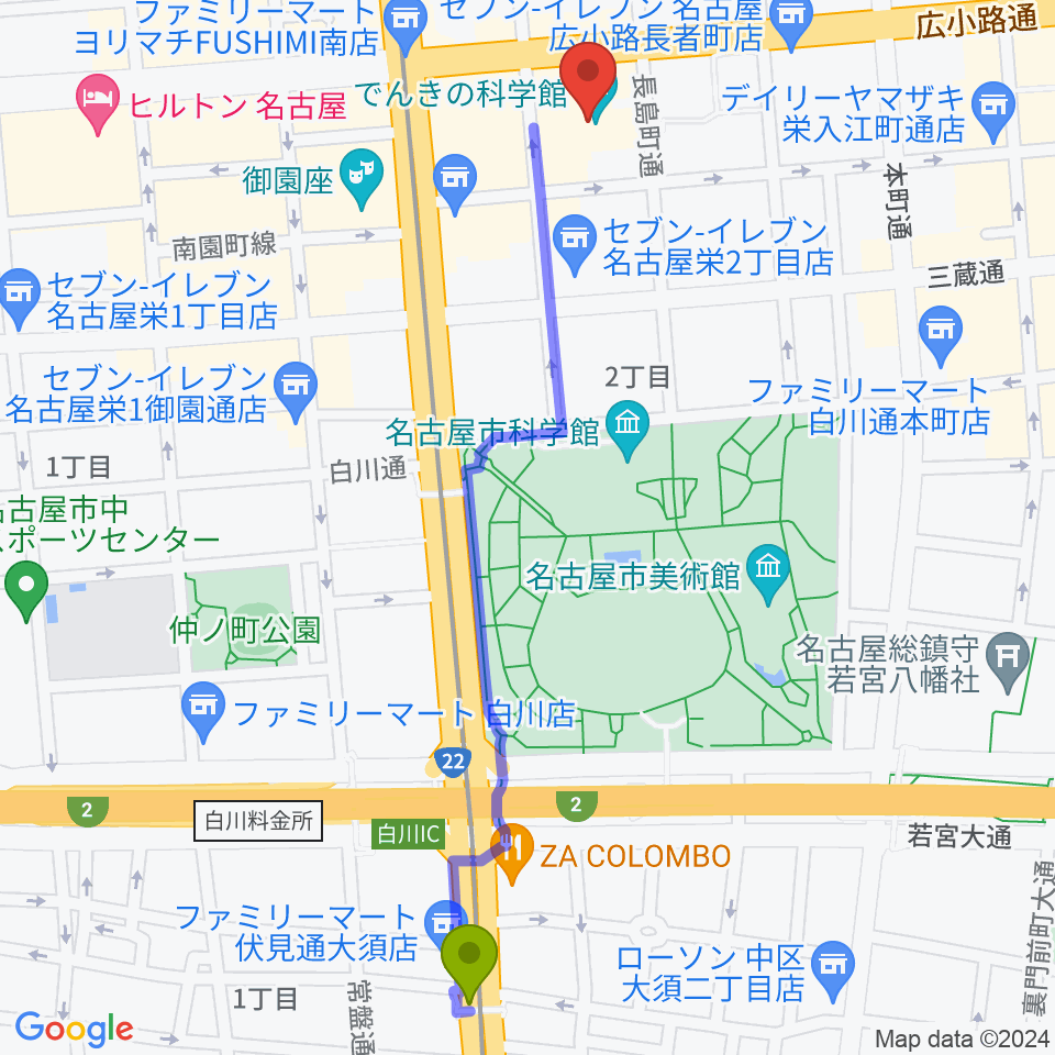 大須観音駅から電気文化会館 ザ・コンサートホールへのルートマップ地図