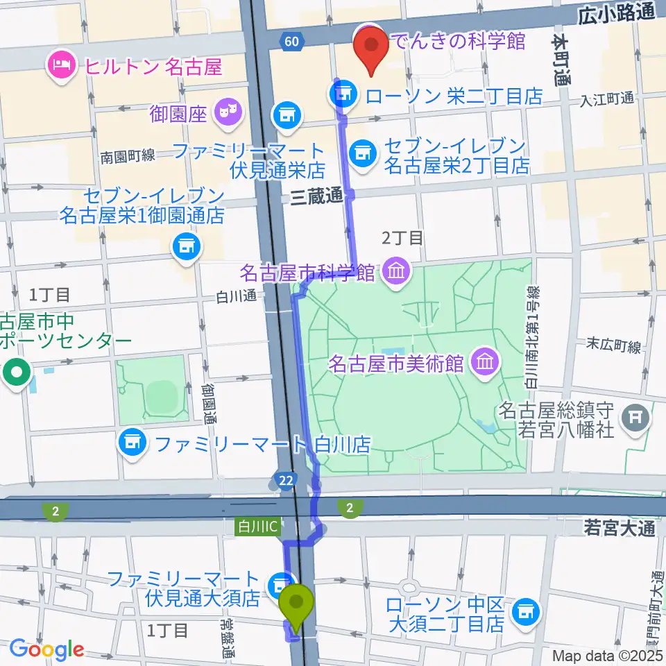 大須観音駅から電気文化会館 ザ・コンサートホールへのルートマップ地図