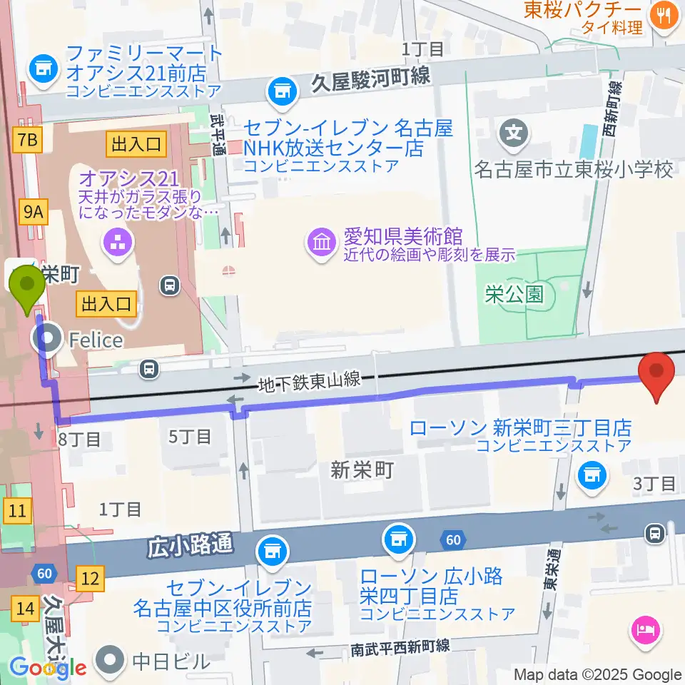 中電ホールの最寄駅栄町駅からの徒歩ルート（約7分）地図