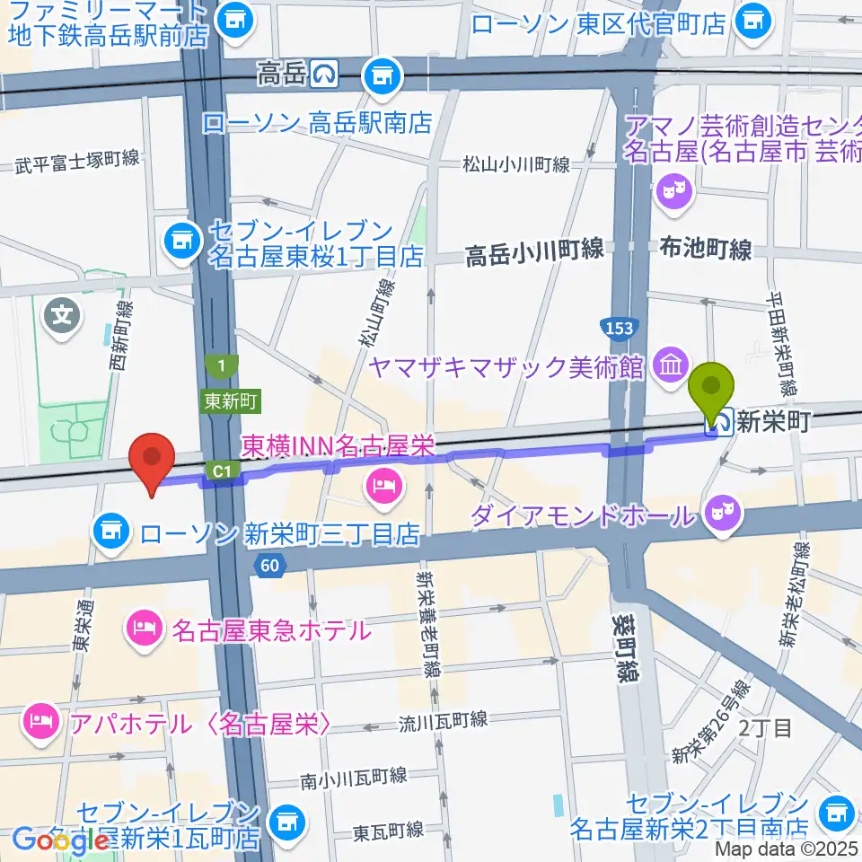 新栄町駅から中電ホールへのルートマップ地図