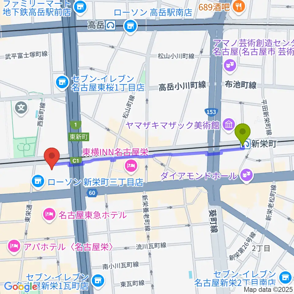 新栄町駅から中電ホールへのルートマップ地図